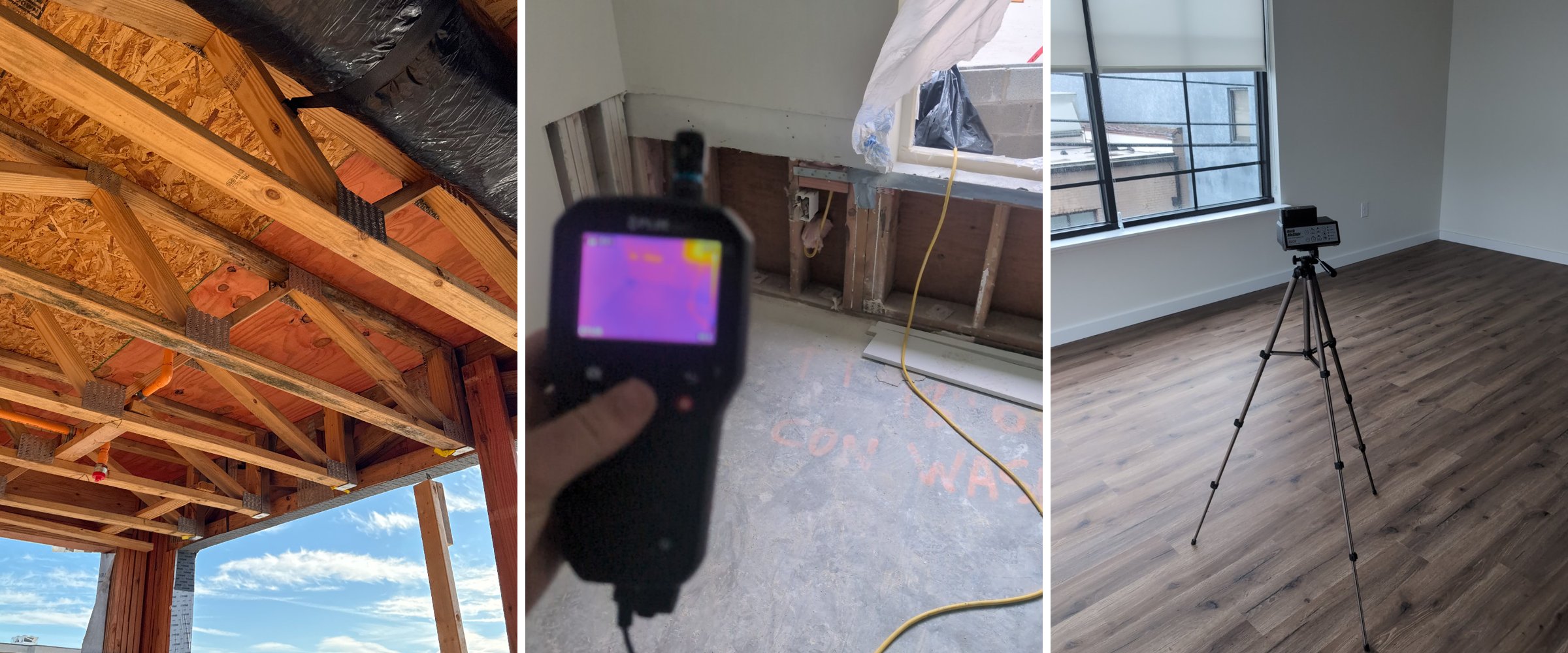 Three Phase Program at The Chasen Apartments: roof trusses after dry-in, a thermal moisture check on opened drywall, and clearance air sampling in a finished unit