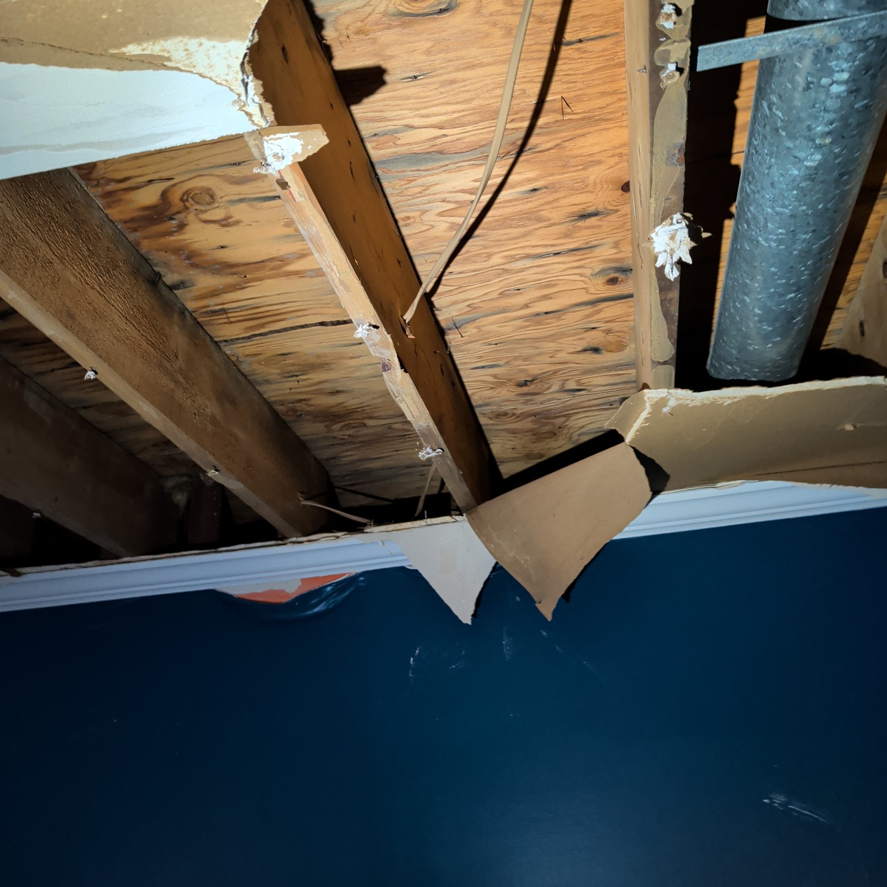 Collapsed ceiling drywall exposing wet joists after a water leak, documented during a water damage assessment
